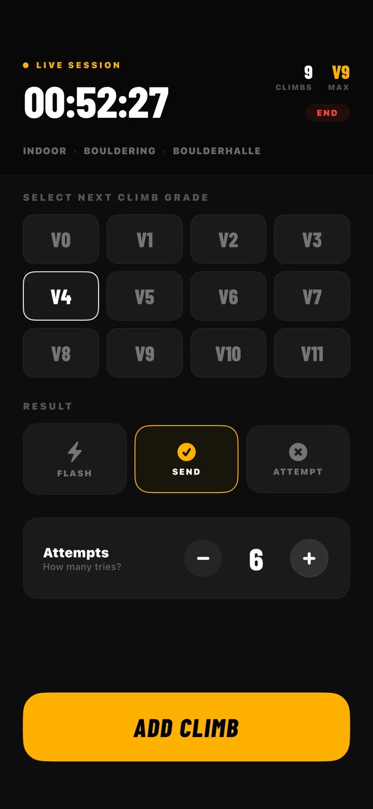 Deadpoint live session screen with grade picker, result and attempts